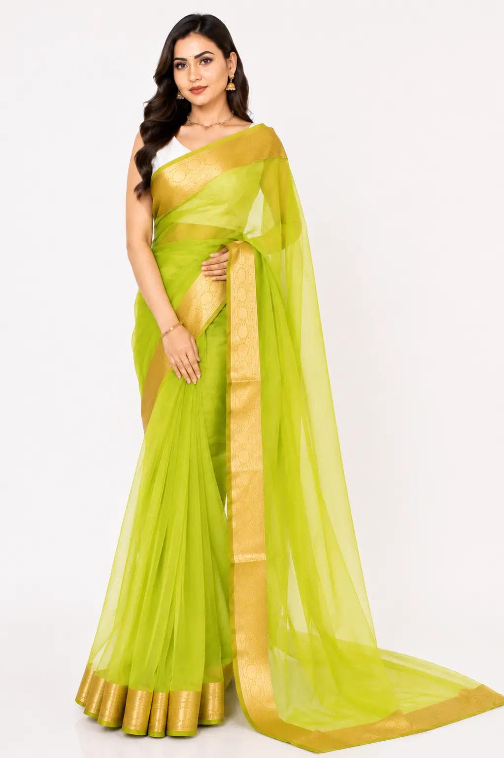 organza tissue sari with gold zari border