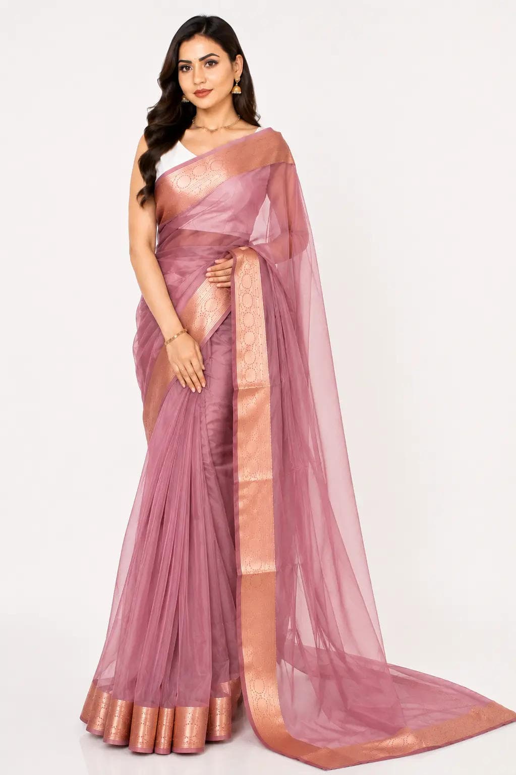 organza tissue sari with gold zari border
