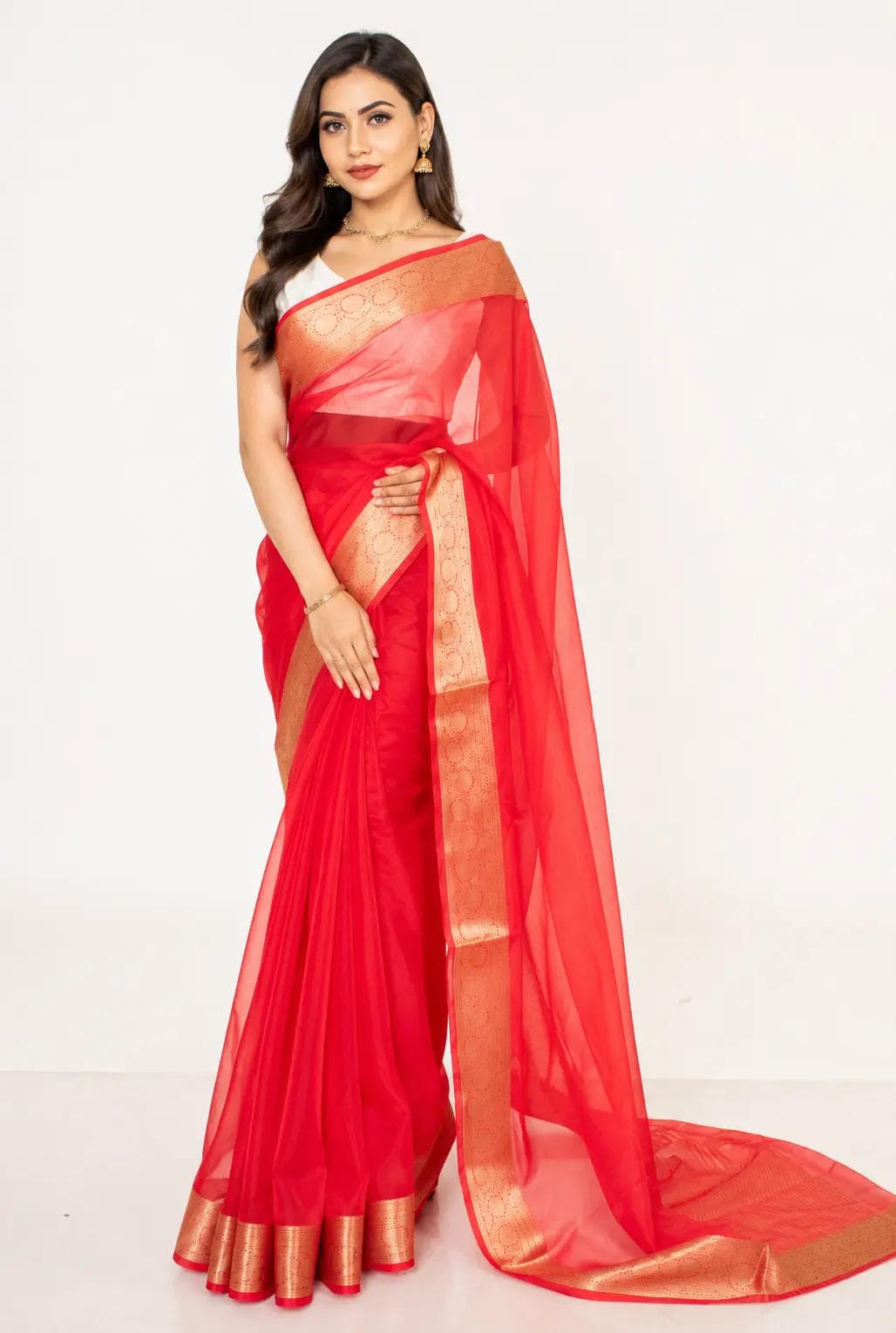 organza tissue sari with gold zari border