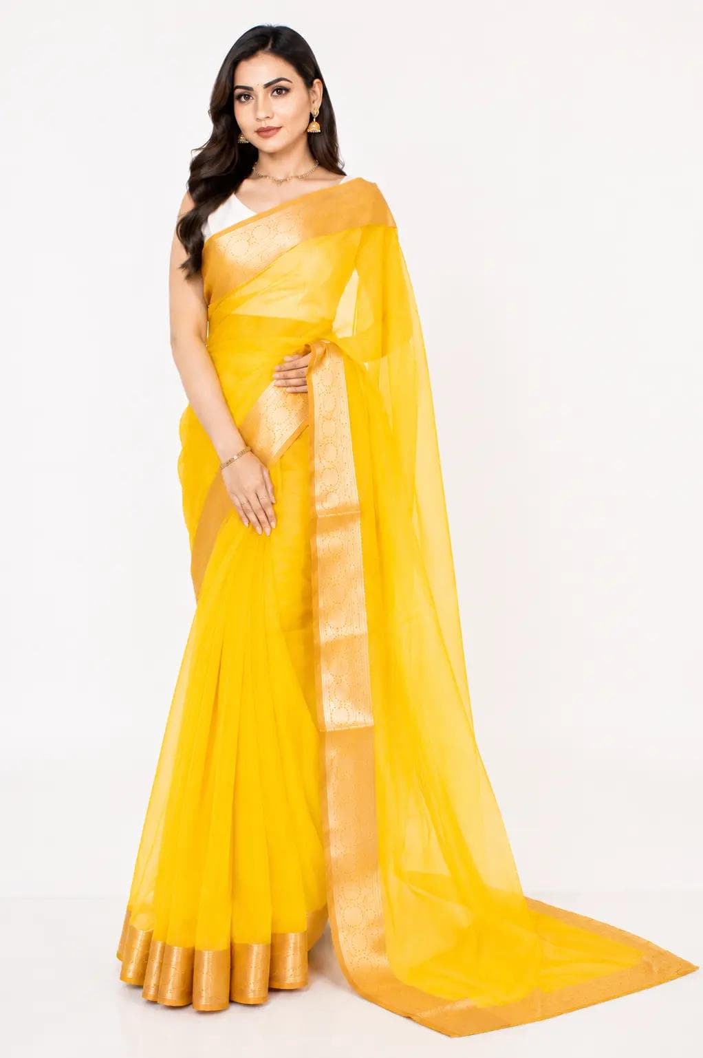 organza tissue sari with gold zari border