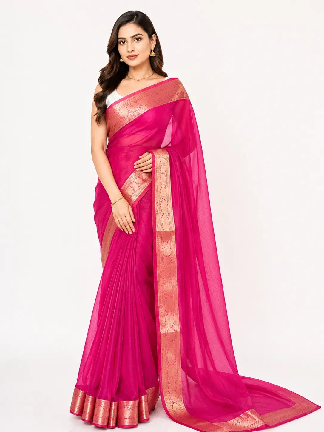 organza tissue sari with gold zari border